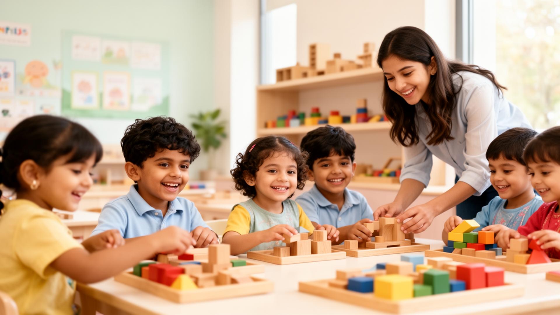 Happy preschool children learning with Montessori materials