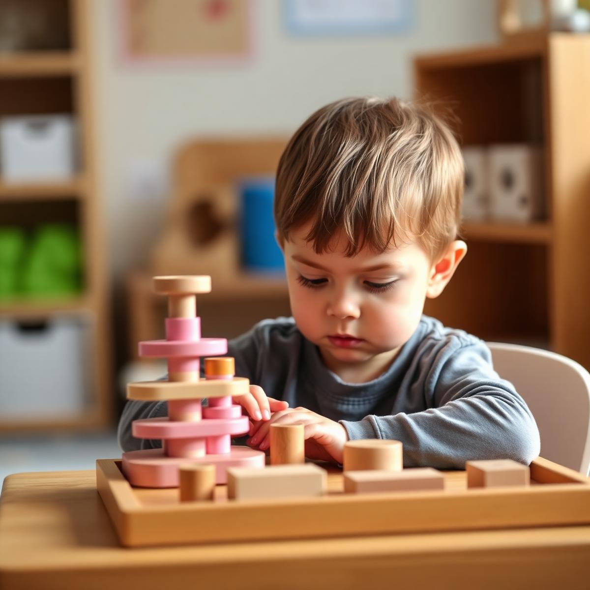 Child concentrating on Montessori sensorial materials